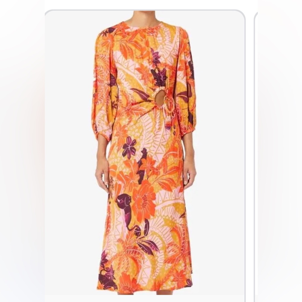 Farm Rio jungle panther beige cutout long sleeve midi dress - NWT sz m